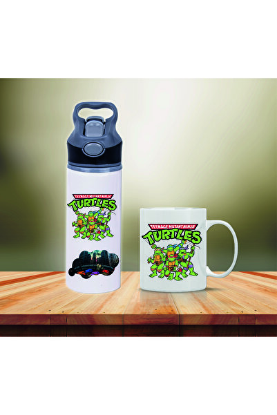 DKDZ SHOP زجاجة مياه معدنية مطبوعة على شكل سلحفاة النينجا مع شفاطة وكوب-001