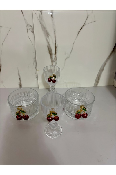 SEVEN7 Kirazlı Cam Set Büyük Lokumluk ve Bardak 2Parça