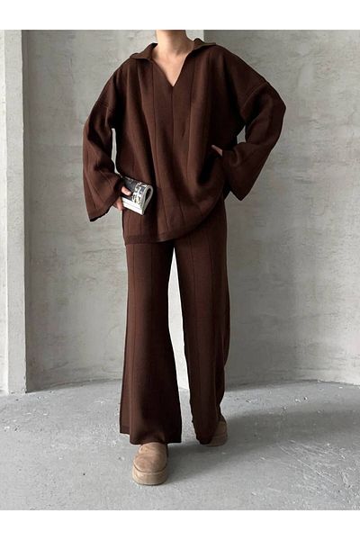 İLKCET MODA Комплект трикотажни изделия с V-образно деколте и широки крачоли