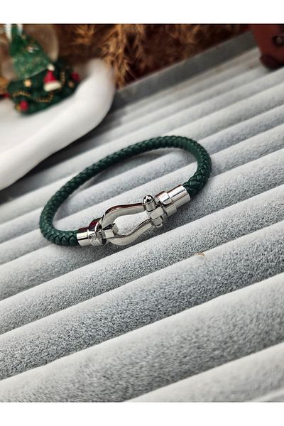 AURA Men's Green Bracelet - Genuine Leather and Steel Material