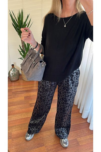 Flow Women's Black Satin Leopard Palazzo Trousers