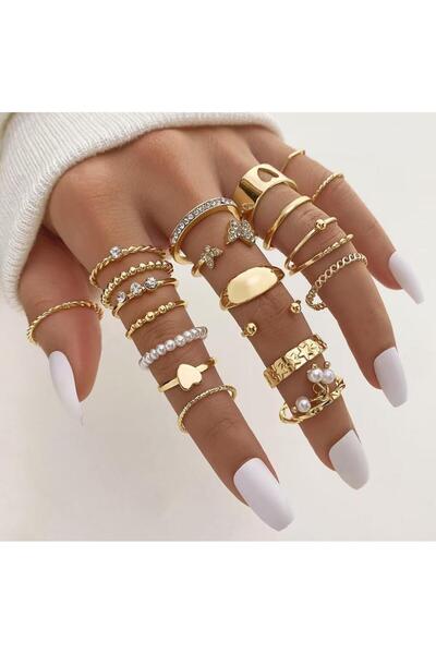 Le Manolia Accessories 21 Adet Zirkon Taşlı Çoklu Yüzük Seti Ayarlanabilir Ek...