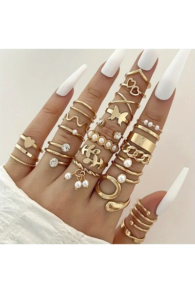 Le Manolia Accessories 22 Adet Çoklu Yüzük Seti Ayarlanabilir Eklem Yüzükleri...