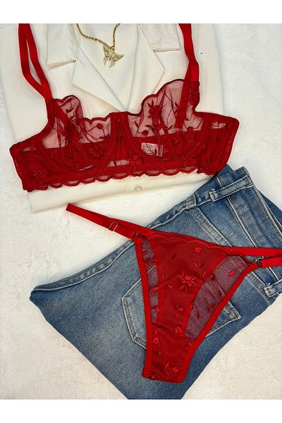 İNKO İÇ GİYİM Floral Underwire Cupless Tulle Bra Set (Bra Thong)