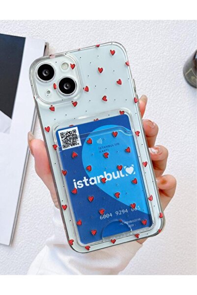 3GEN CASE Transparent Silicone Case with Little Hearts Pattern and Card Holder Compatible with Apple iPhone 13 - iPhone 14 - iPhone 15