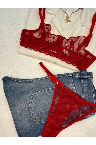 İNKO İÇ GİYİM Floral Underwire Cupless Tulle Bra Set (Bra Thong)