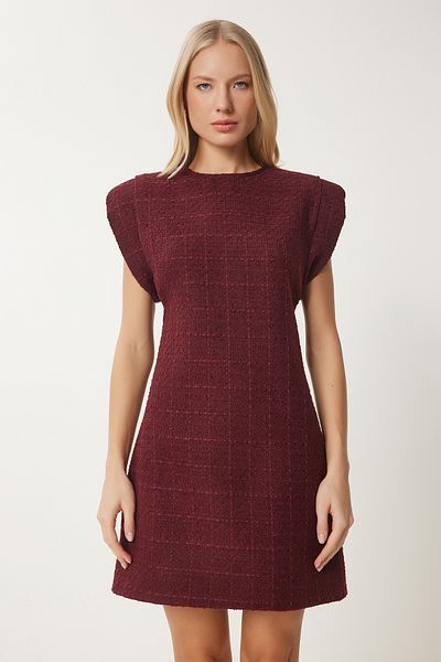 Lovelyİstanbul Padded Mini Tweed Woven Dress Claret Red Lwf0023