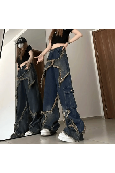 Gofeel Y2k Siyah Ters Dikiş Kargo Cepli Unisex Bol Paça Pantolon