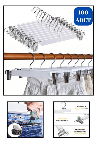 Manken İstanbul Deluxe 100Pcs Black-White-Walnut Wooden Peg Pants and Clothes Hangers