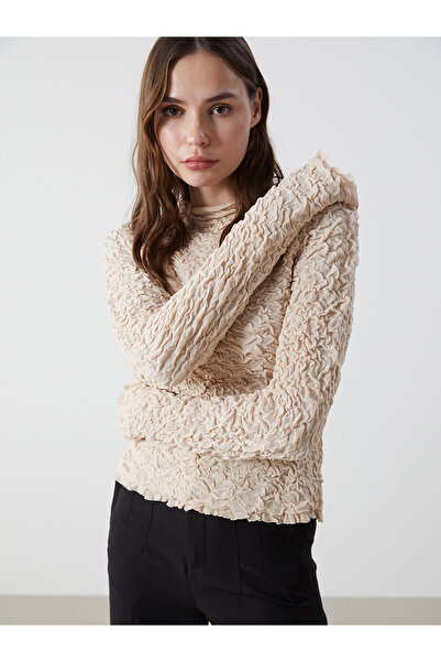 LC Waikiki Beige Mock Neck Textured Women's Knitwear Sweater