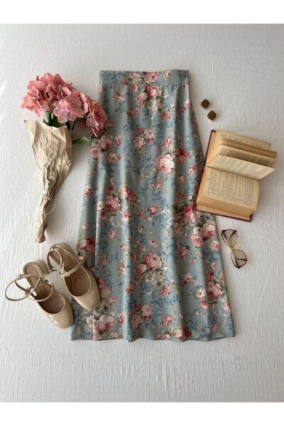 KÜÇÜĞÜM BUTİK Uzun Turkuaz-pembe Çiçekli Etek