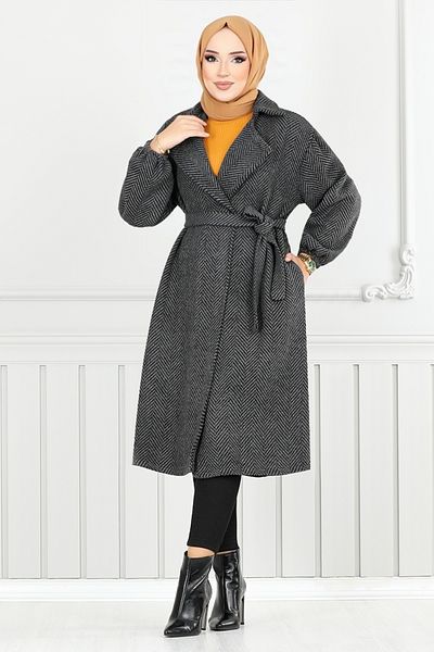 ModaMerve Herringbone Patterned Striped Coat - 211Evo1065-M, 2 Black