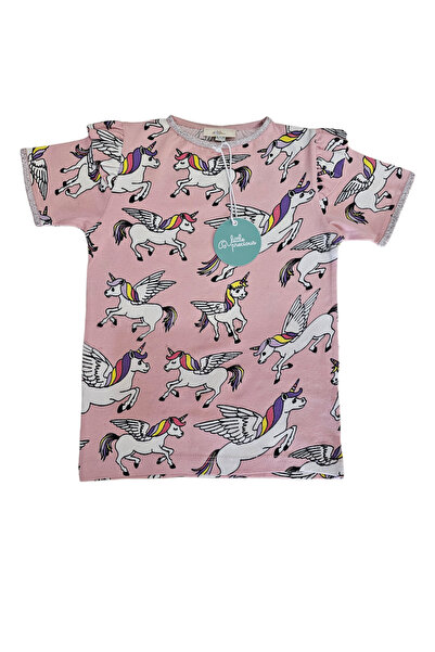 Kız Çocuk Unicorn Desen Fırfır Kol Kısa Kollu T-shirt