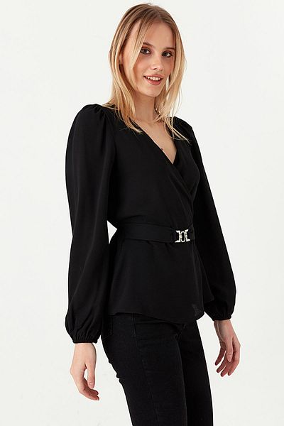 Select Moda Women's Woven Blouse with Buckle Detail on Waist