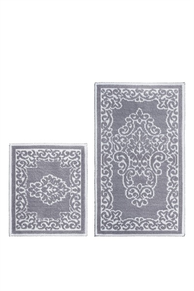 Bluenity Balat Damaks Doğal Pamuklu 2'li Banyo Paspası 60x100+50x60 Cm Gri