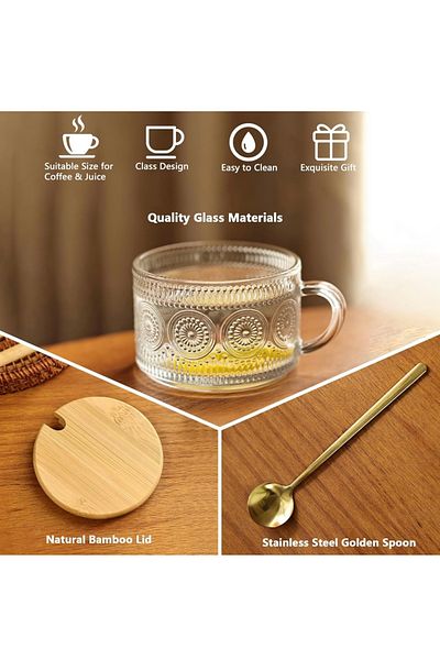 Yenigeldi 2Pcs 420ml Irish Vintage Bamboo Embossed Coffee Cup with Lid and Spoon, Dessert Presentation Mug