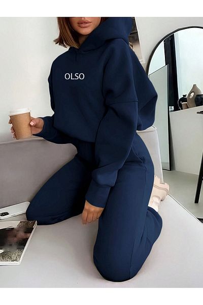 Know Women's 3 Thread Navy Blue Olso Printed Hooded Bottom Top Tracksuit Set