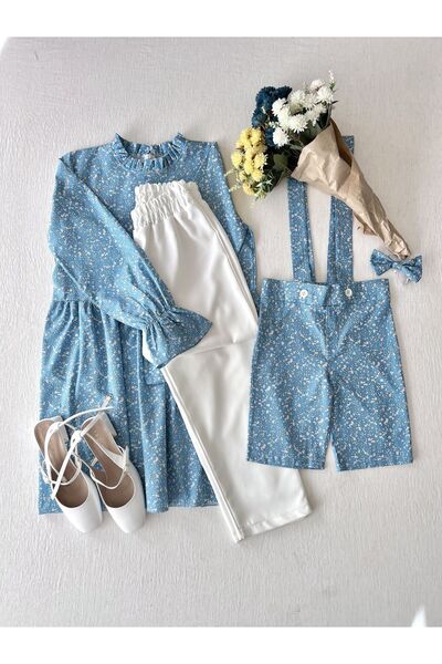 KÜÇÜĞÜM BUTİK Boy's Blue Poplin Tunic and Bow Tie Salopet - Single Sold Out