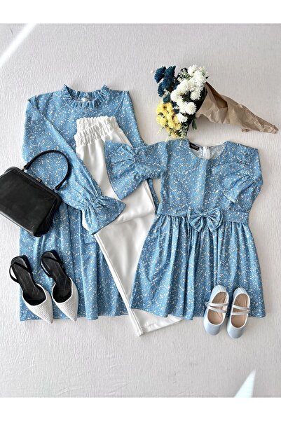 KÜÇÜĞÜM BUTİK Tunica din popelin albastru si rochie pentru fete din popelin albastru (SINGUR DE VANZARE)