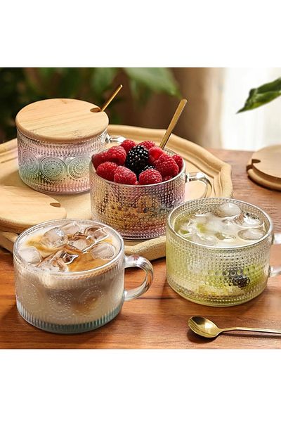 Yenigeldi 2Pcs 420ml Irish Vintage Bamboo Embossed Coffee Cup with Lid and Spoon, Dessert Presentation Mug