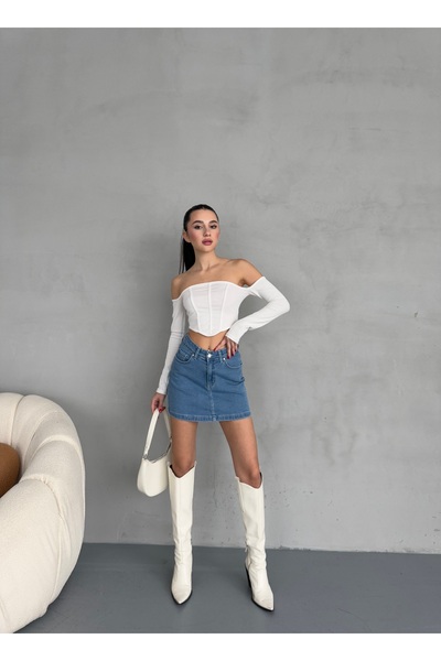 alanora Fusta mini din denim din lycra cu talie înaltă pentru femei