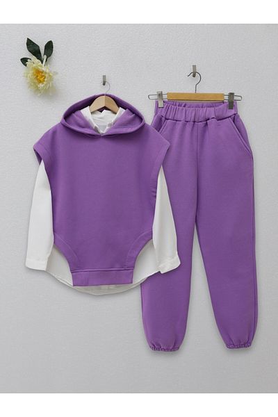 Modamorfo Hooded Three Thread Raster Pants Set -Purple
