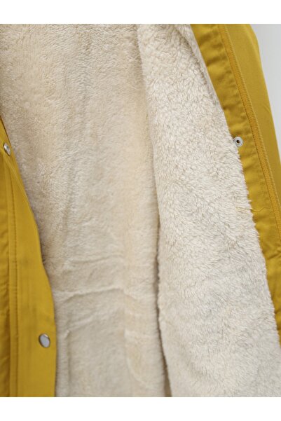 Modamorfo Kapşonu Çıkma Kürklü Cepli Bağcıklı Kaban -hardal