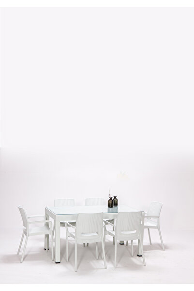 SANDALİE Rattan Large Lüx Camlı Beyaz Masa Takımı Bahçe&balkon 1 Camlı Masa +...