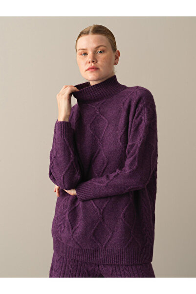 Xint Kadın Mor Pamuk Dokulu Dik Yaka Oversize Kazak