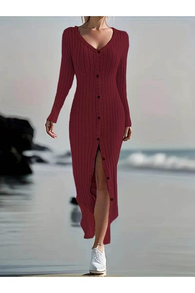 Kokosh moda Rochie de damă cu mânecă lungă, cu decolteu în V, cu nasturi în față