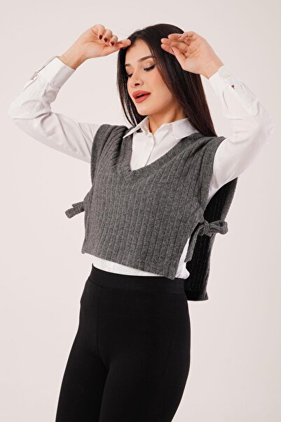 Hipo Trend Bluza sa V izrezom Vezivanje sa strane antracit boje Rebrasta plet...