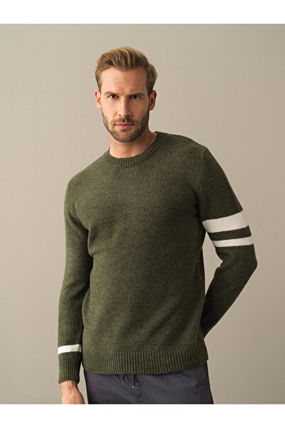 Xint Erkek Haki Yumuşak Dokulu Regular Fit Çizgi Detaylı Kazak