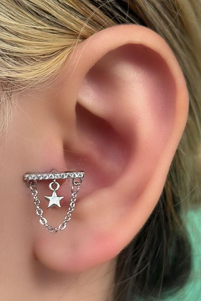 TAKIŞTIR Silver Color Stone Detailed Steel Tragus/ Cartilage Earring/ Piercing (Single)