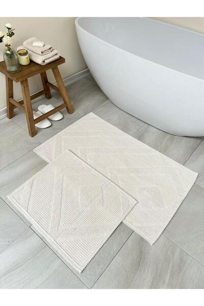 Bluenity Palamutbükü 2-Piece Natural Cotton Bath Mat - 60x100+50x60 Cm Ecru