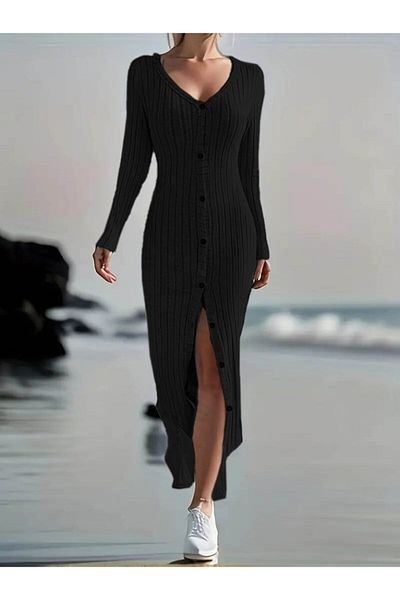 İpeksi Silky Women's Long Sleeve V Neck Front Buttoned Hooded Camisole Dress