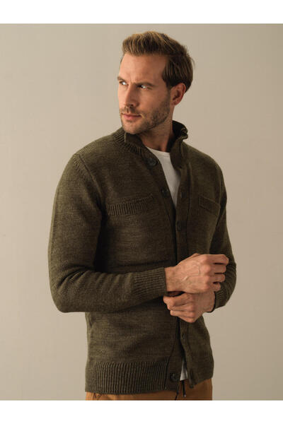 Xint Erkek Haki Yumuşak Dokulu Düğmeli Cep Detaylı Hırka