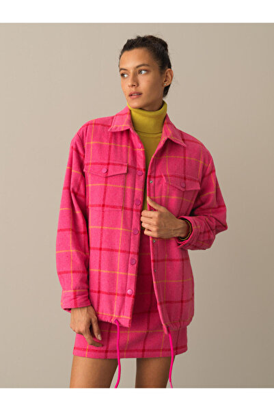 Xint Kadın Fuşya Pamuk Dokulu Oversize Modern Ekose Mont