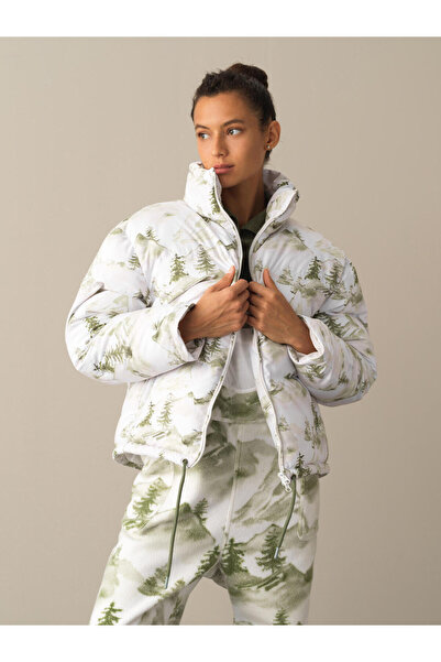 Xint Kadın Yeşil Pamuk Dokulu Oversize Desenli Şişme Mont