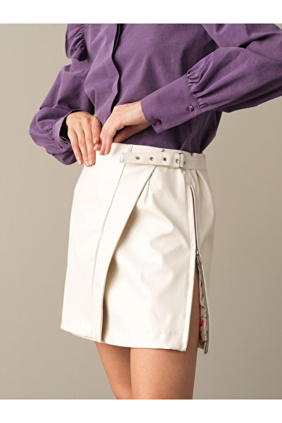 Xint Kadın Ekru Esnek Dokulu Regular Fit Deri Görünümlü Etek