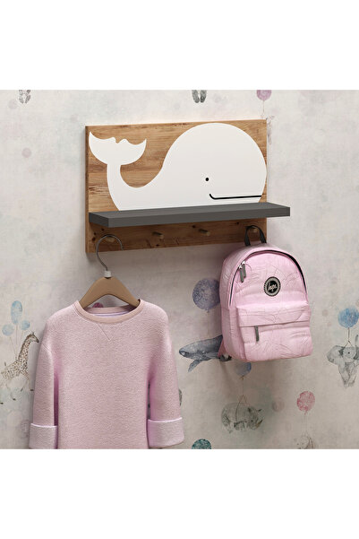 Fly Mobilya Balina Baskılı Çocuk Odası Rafı, Askılıklı Duvar Rafı