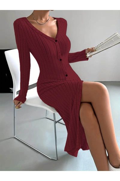 Kokosh moda Rochie de damă cu mânecă lungă, cu decolteu în V, cu nasturi în față