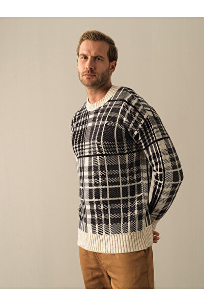 Xint Erkek Siyah Yumuşak Dokulu Oversize Modern Ekose Kazak