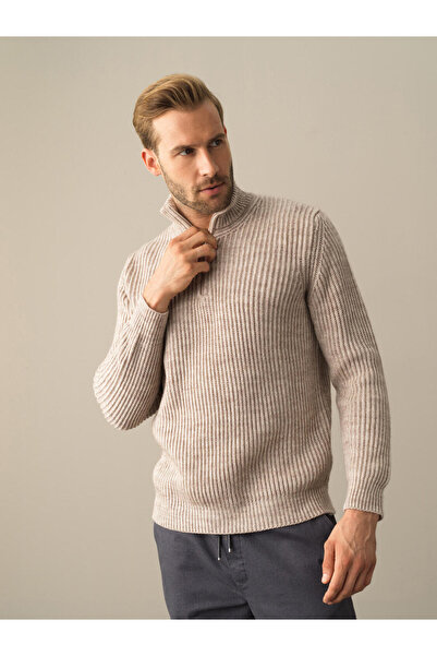 Xint Erkek Bej Yumuşak Dokulu Yarım Fermuarlı Kazak