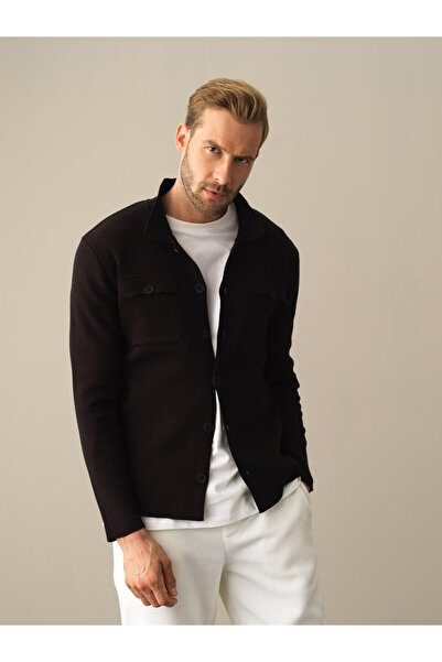 Xint Erkek Siyah Pamuk Dokulu Cep Detaylı Hırka