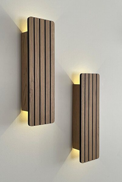 Emriba 2 Adet Ahşap Pilli Dekoratif Duvar Aydınlatması Aplik Gece Lambası (AÇIK MEŞE - GÜNIŞIĞI)