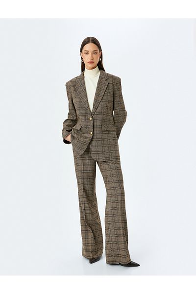 Koton X Sima Tarkan - Plaid Double Breasted Blazer Jacket with Flap Pocket Detail
