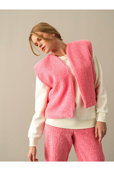 Xint Kadın Pembe Pamuk Dokulu Oversize Kuzu Yelek