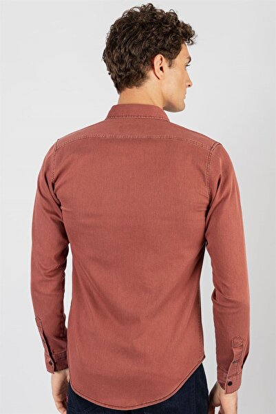 Tudors Slim Fit Uzun Kollu Gündelik Denim Kot Erkek Bordo Gömlek