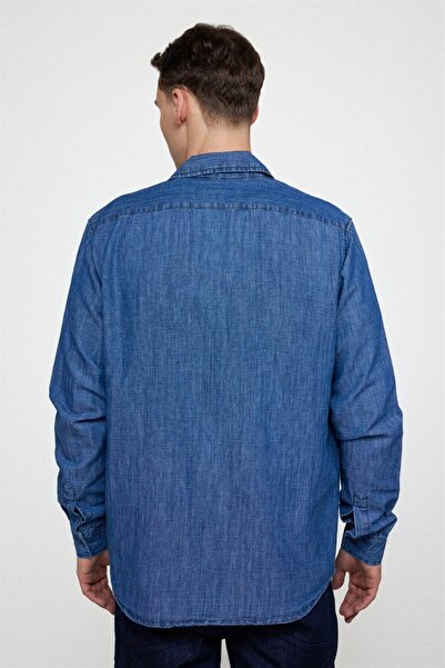 Tudors Klasik Fit Uzun Kollu Rahat Kalıp Tek Cepli Pamuklu Lacivert Gömlek