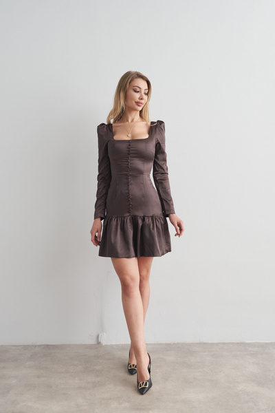 Rabia Çelik Kadın Kahverengi Önü Düğmeli Saten Uzun Kollu Mini Elbise